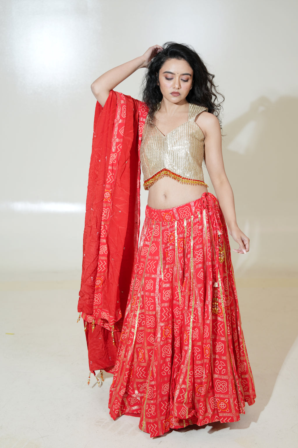 Red Printed Lehenga with Gold-Toned Blouse