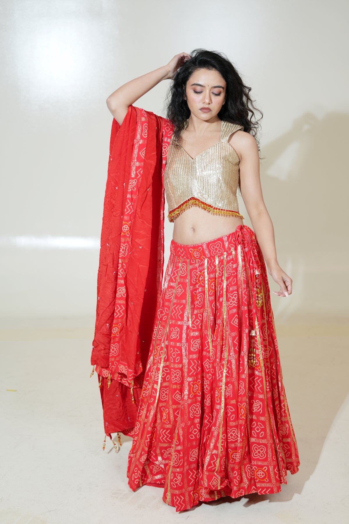 Red Printed Lehenga with Gold-Toned Blouse