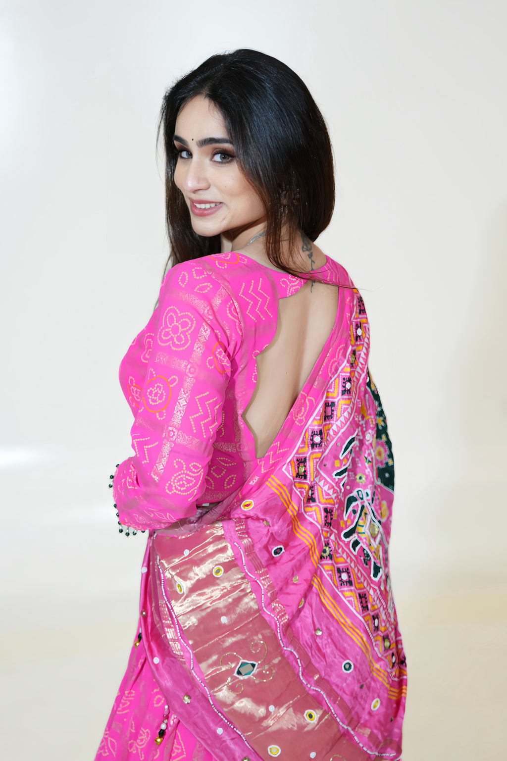 Bright Pink Lehenga with Dark Green Printed Dupatta