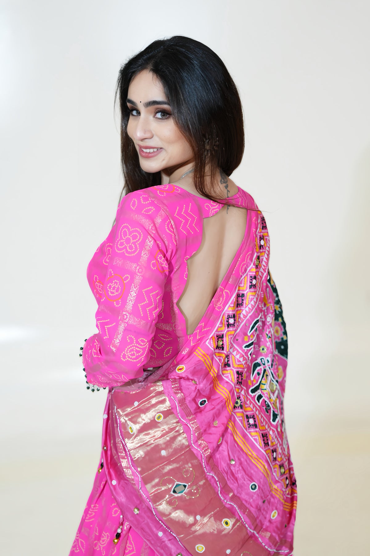 Bright Pink Lehenga with Dark Green Printed Dupatta
