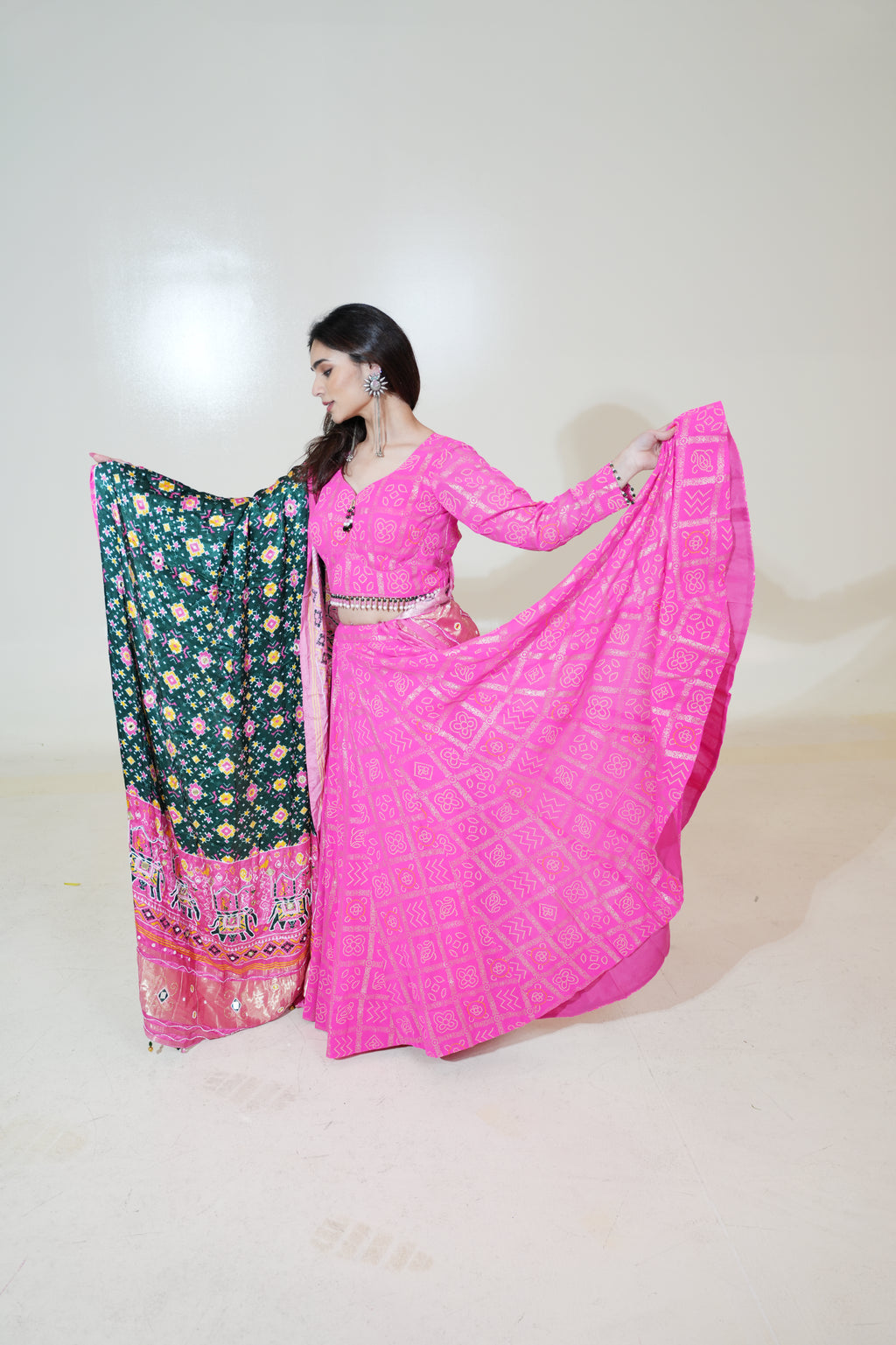 Bright Pink Lehenga with Dark Green Printed Dupatta