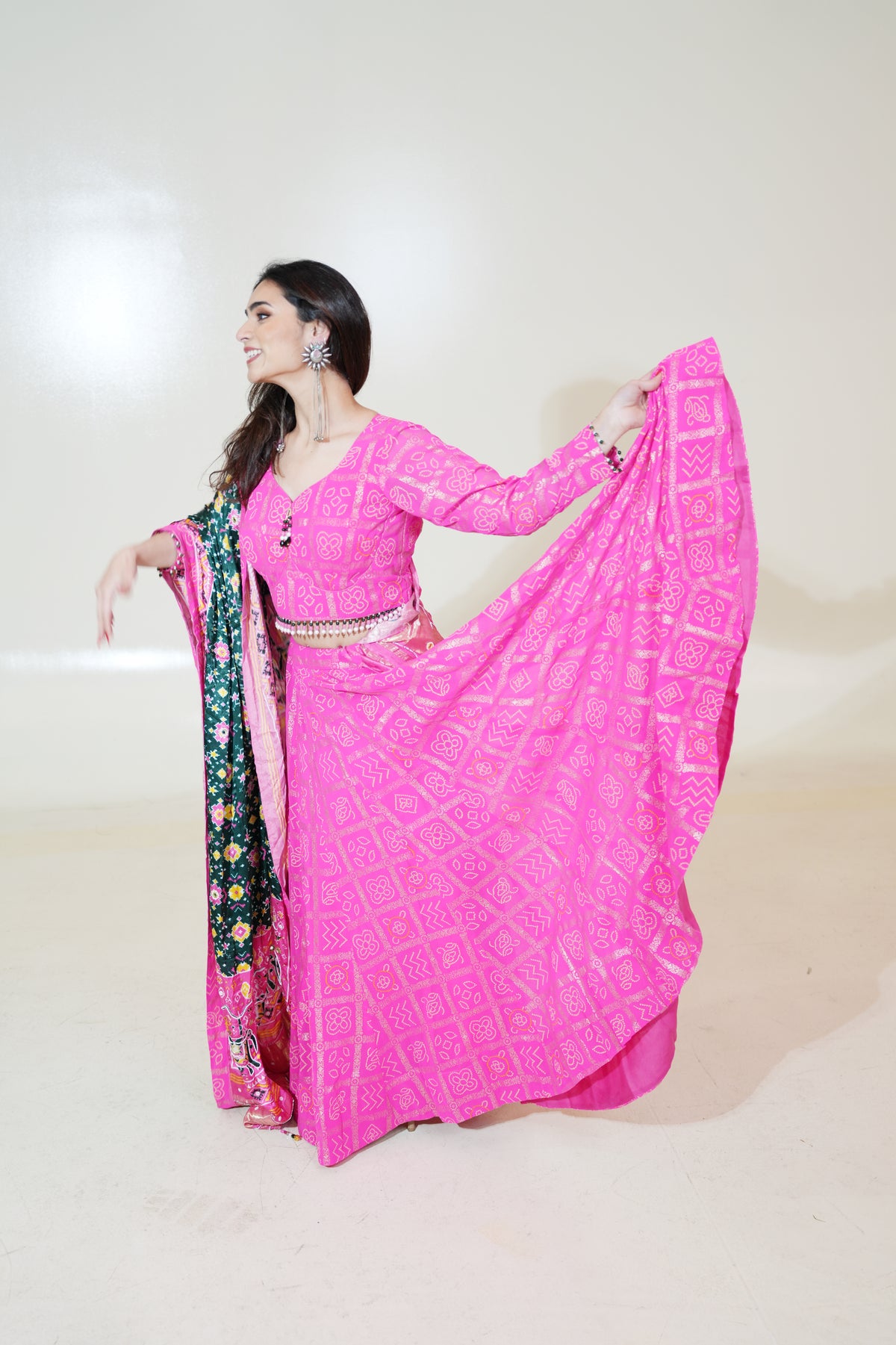 Bright Pink Lehenga with Dark Green Printed Dupatta