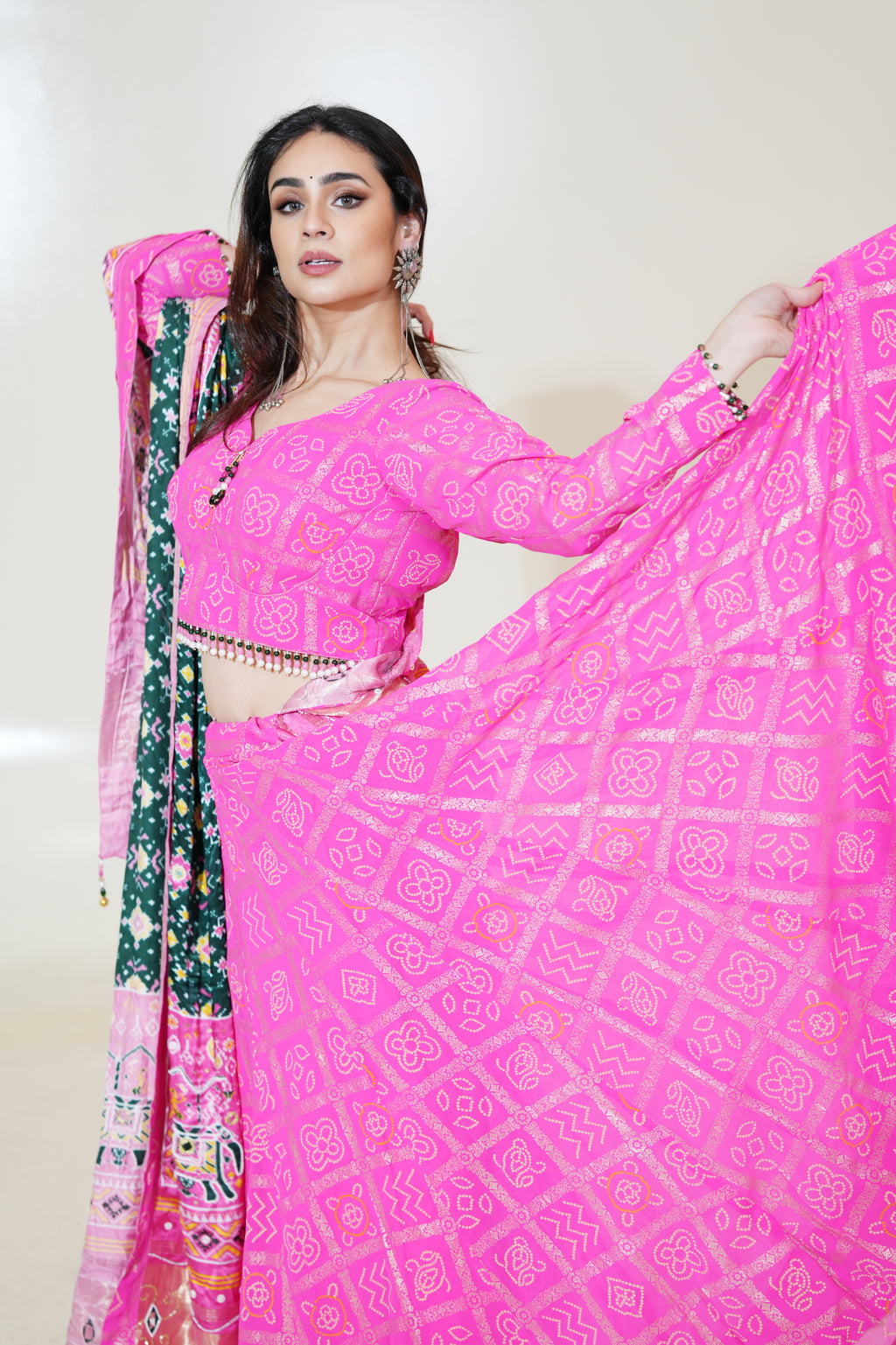 Bright Pink Lehenga with Dark Green Printed Dupatta