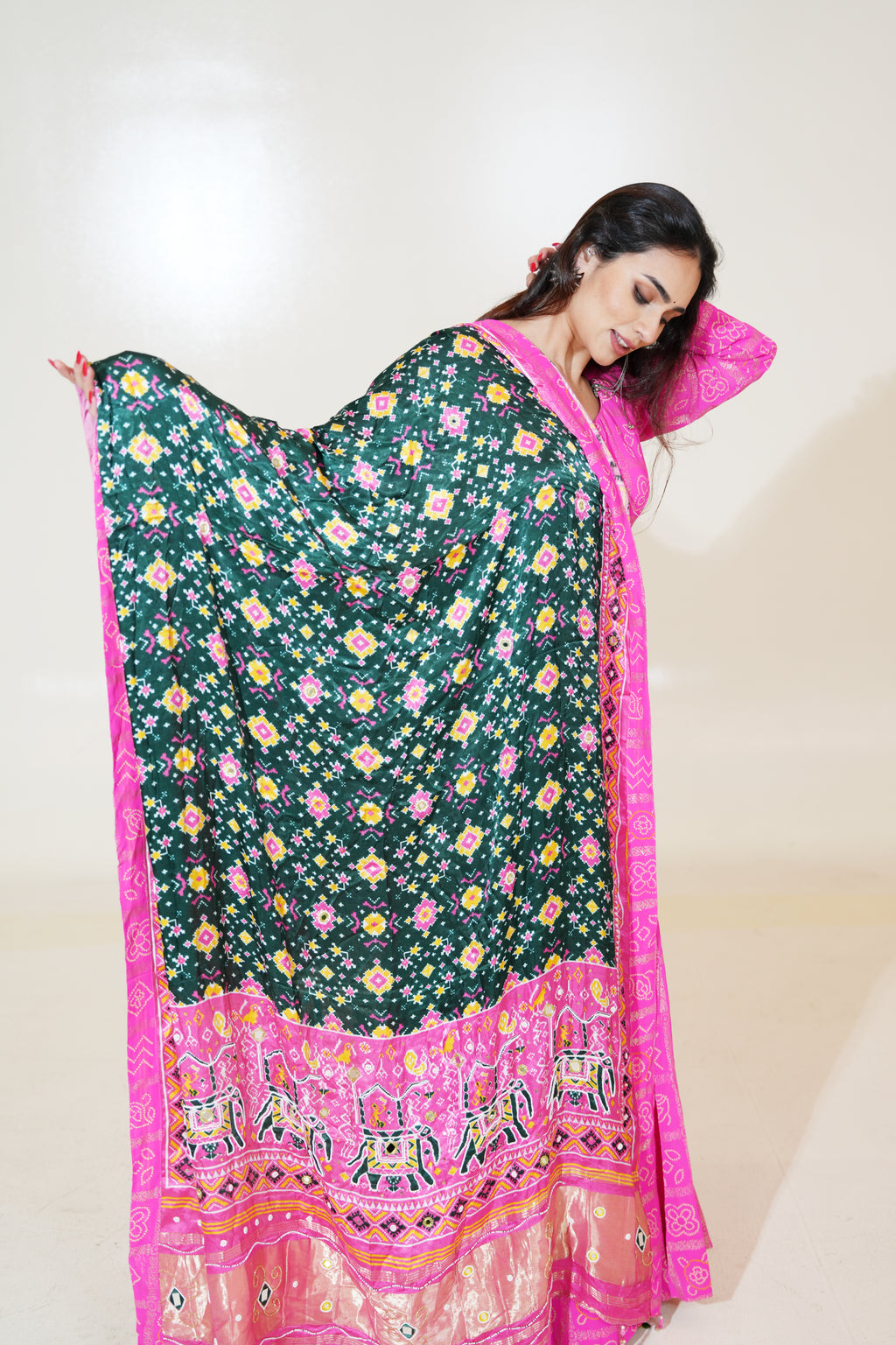 Bright Pink Lehenga with Dark Green Printed Dupatta