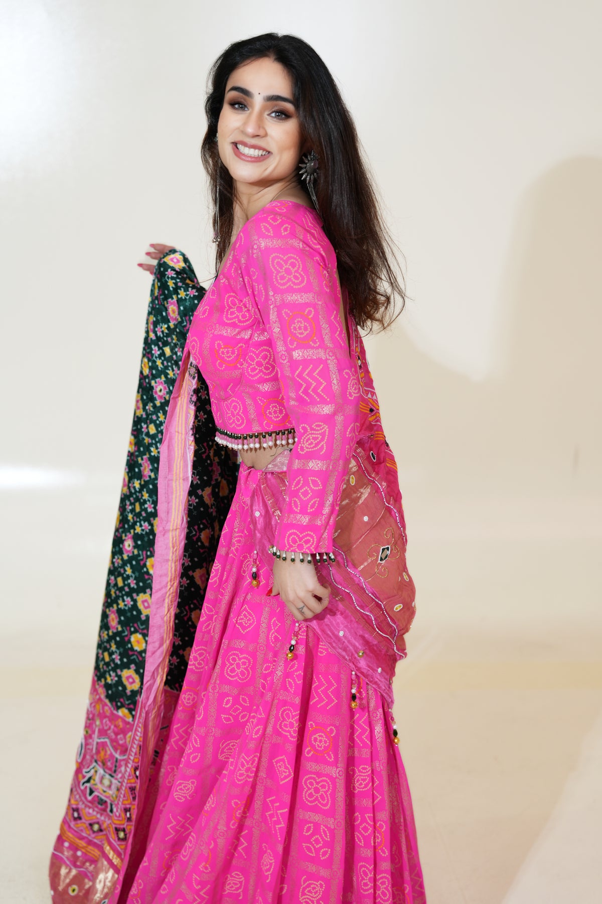 Bright Pink Lehenga with Dark Green Printed Dupatta