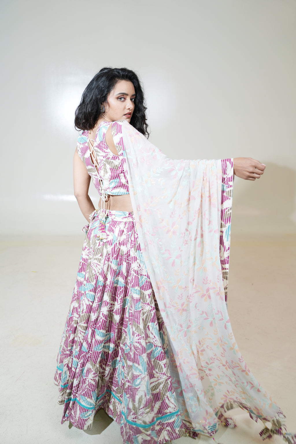 Pink & Aqua Printed Lehenga with Pastel Dupatta