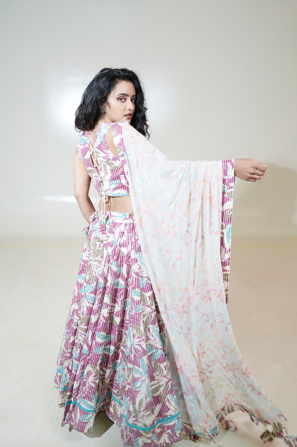Pink & Aqua Printed Lehenga with Pastel Dupatta