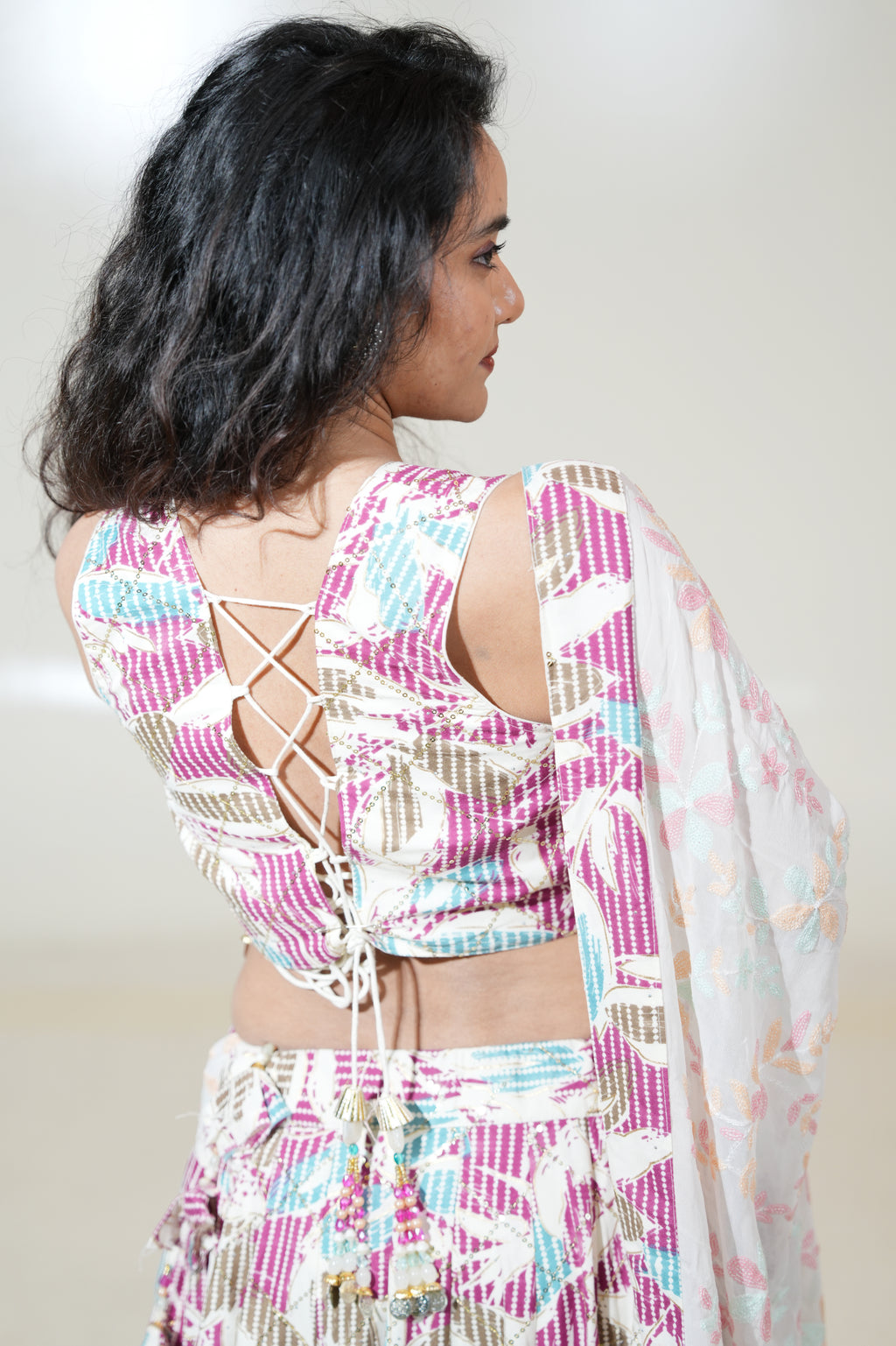 Pink & Aqua Printed Lehenga with Pastel Dupatta