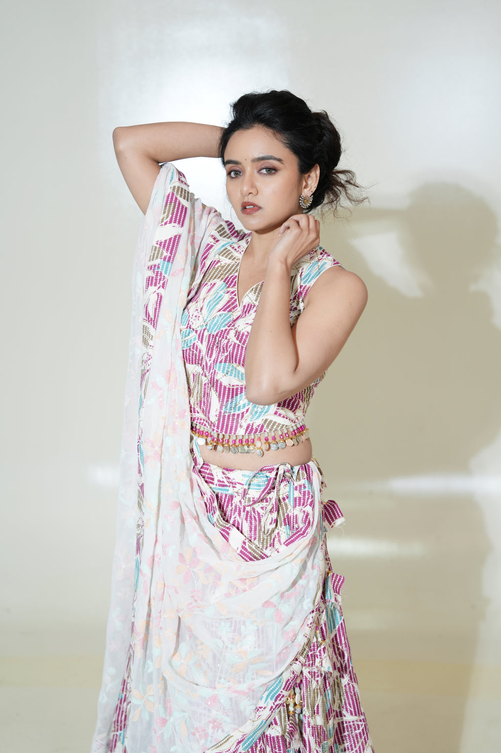 Pink & Aqua Printed Lehenga with Pastel Dupatta