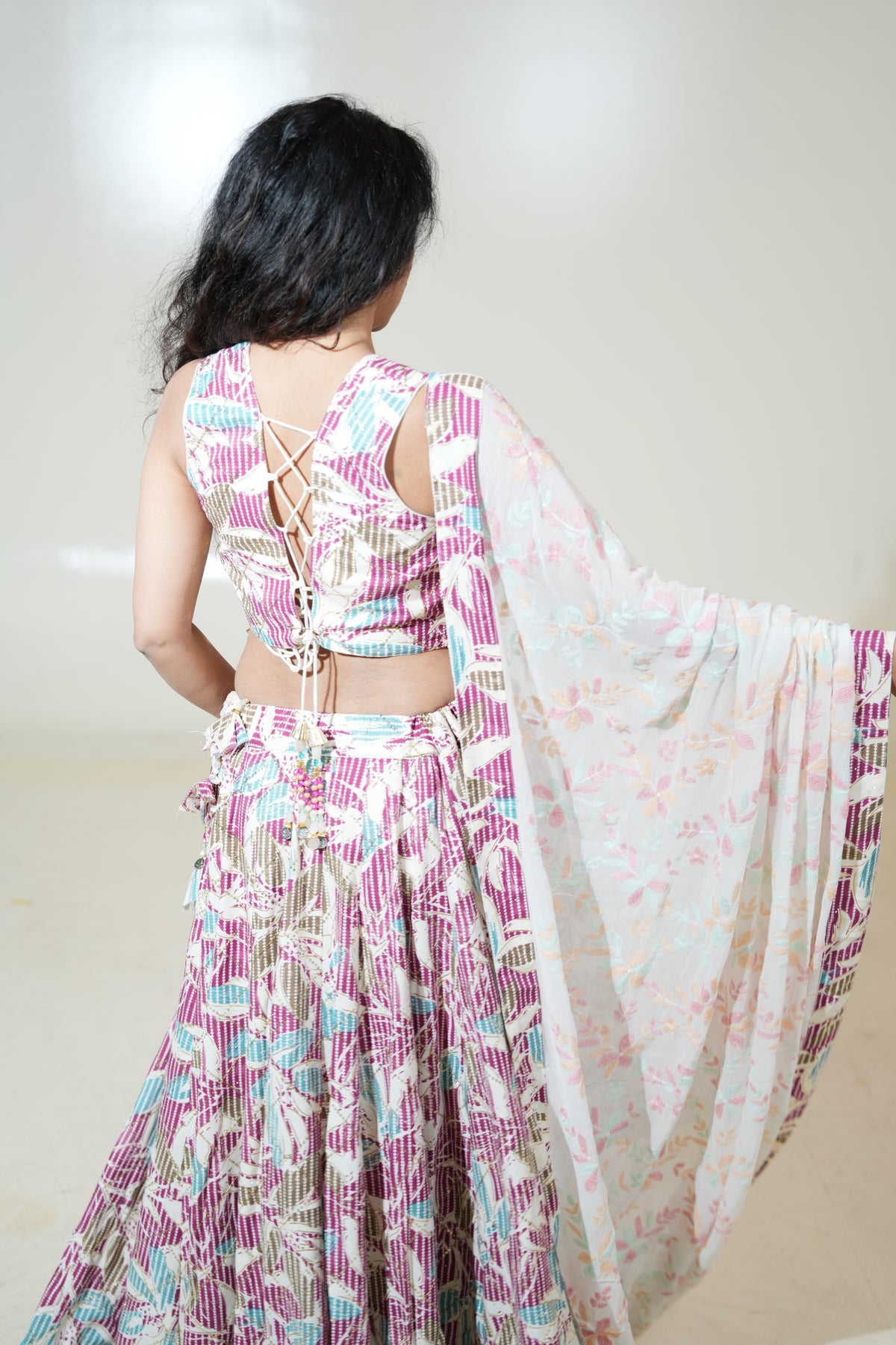 Pink & Aqua Printed Lehenga with Pastel Dupatta