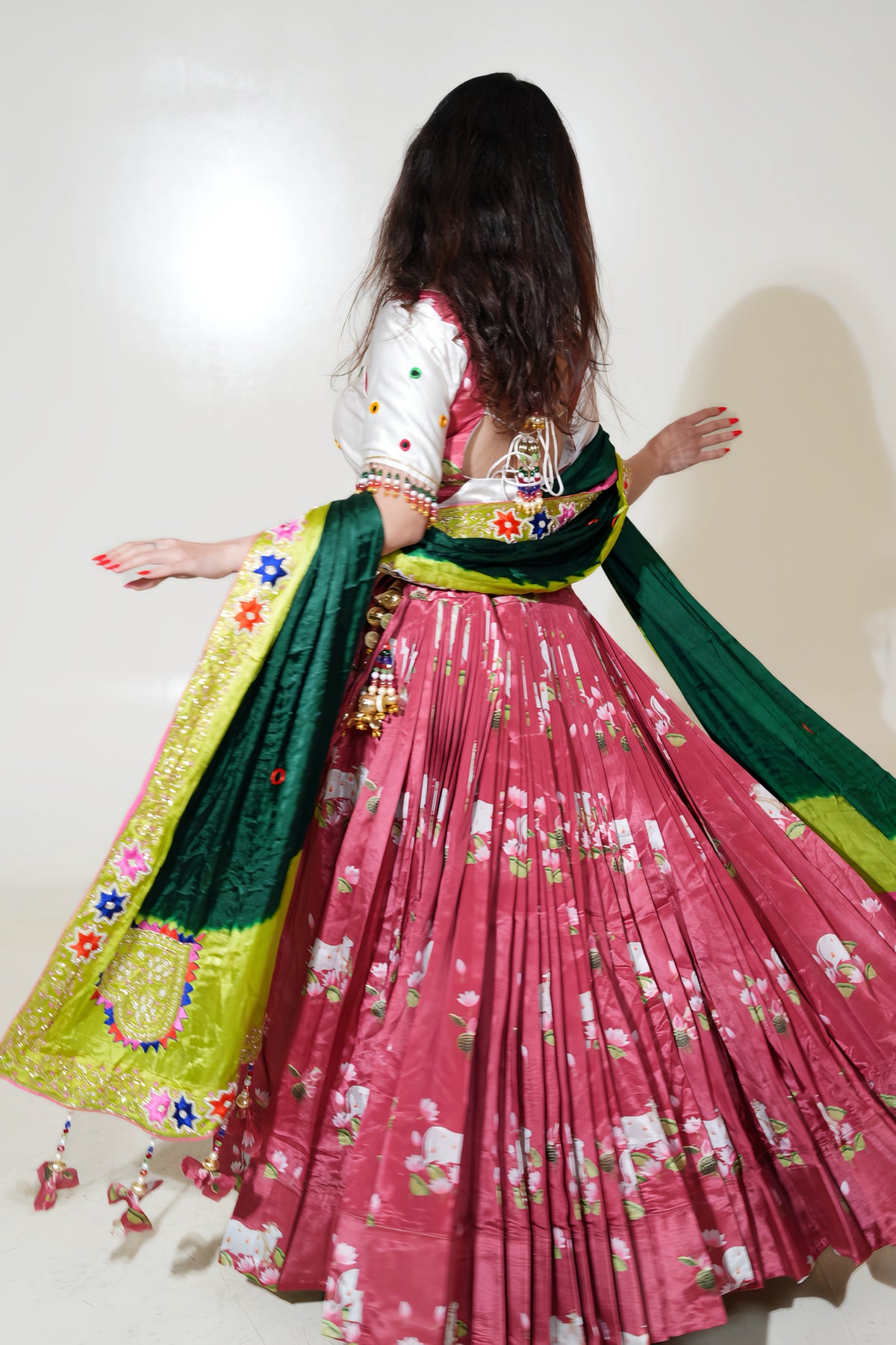 Rose Pink Floral Lehenga with Ivory Blouse & Green Dupatta