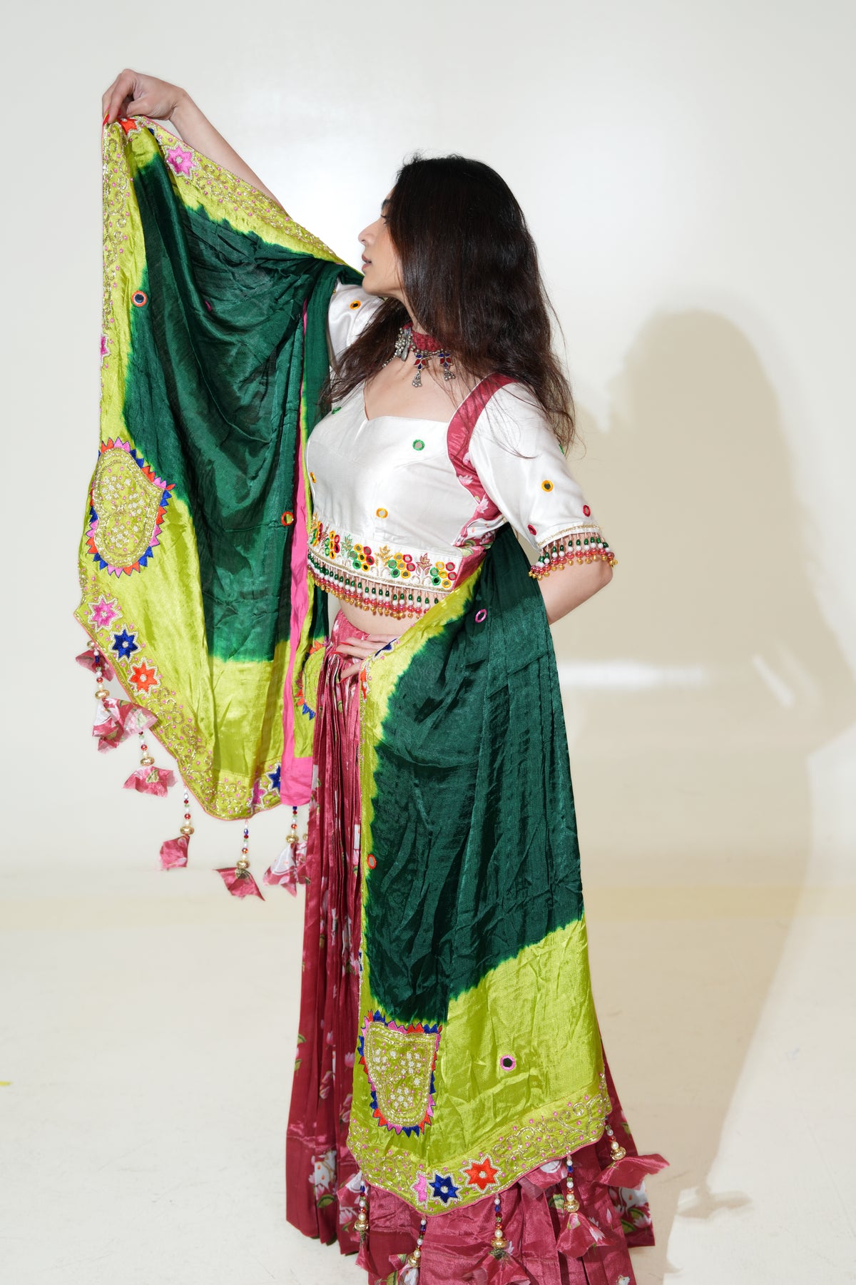 Rose Pink Floral Lehenga with Ivory Blouse & Green Dupatta