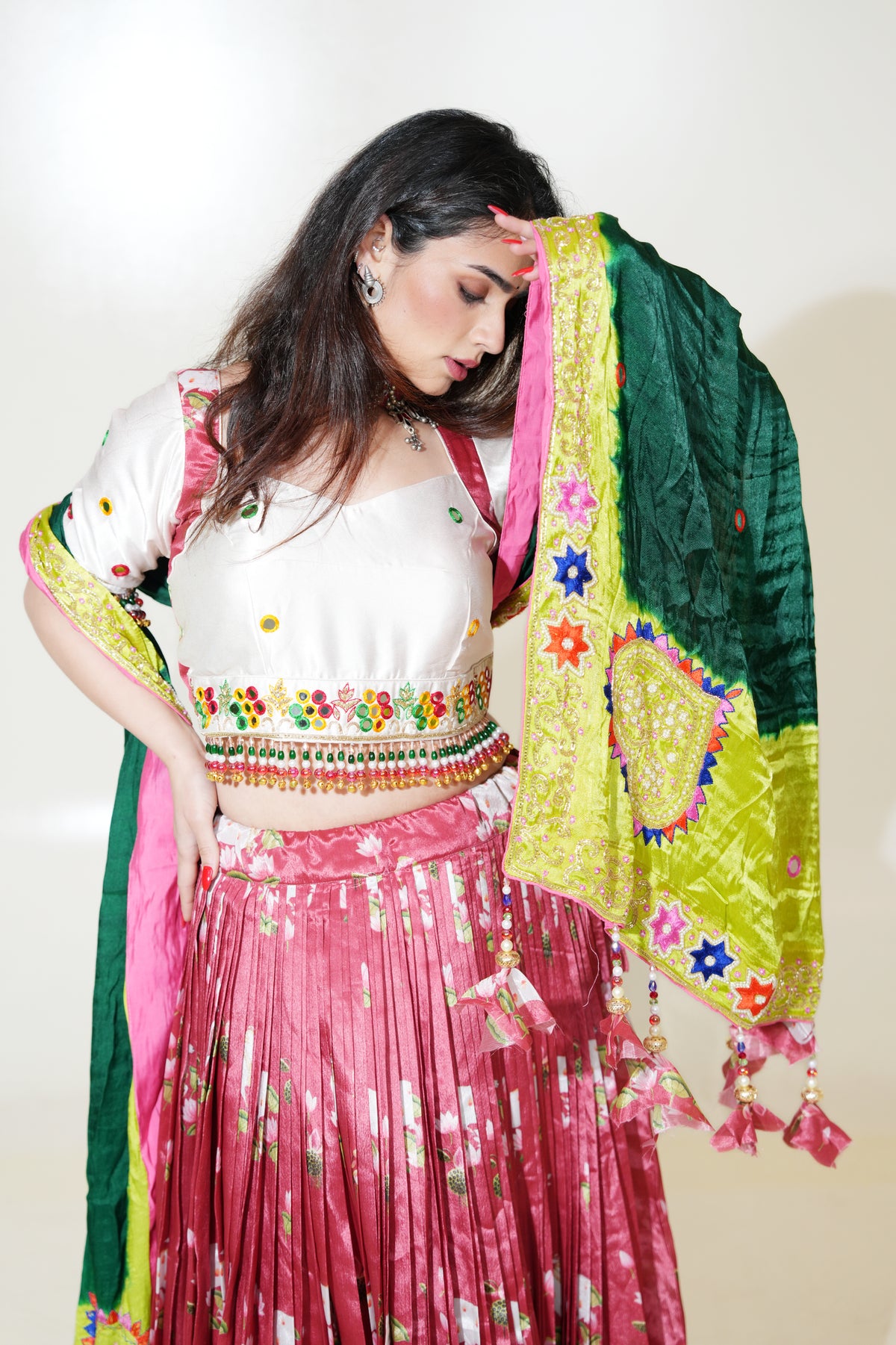 Rose Pink Floral Lehenga with Ivory Blouse & Green Dupatta