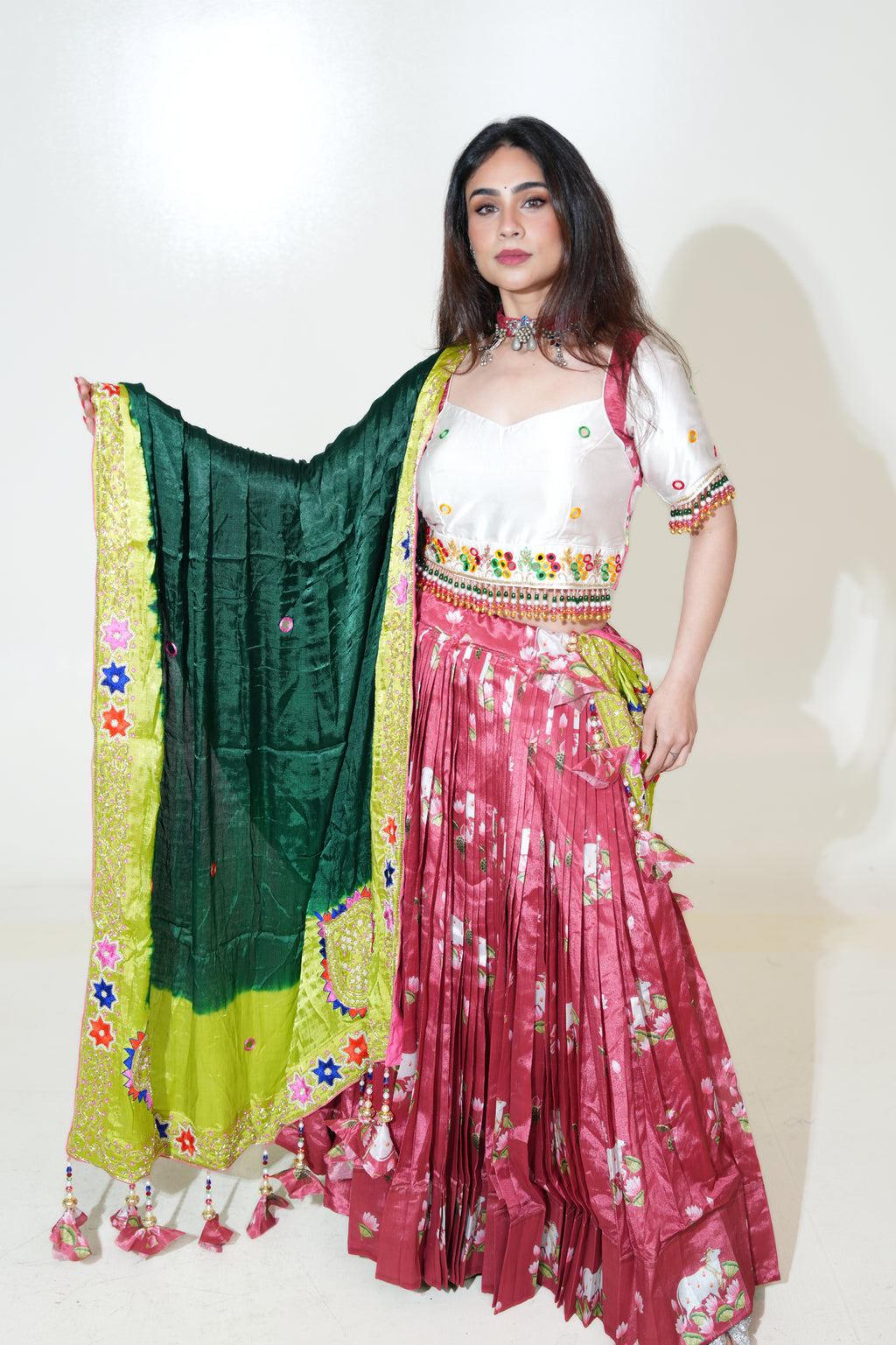Rose Pink Floral Lehenga with Ivory Blouse & Green Dupatta