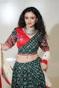 Forest Green Printed Lehenga with Red Blouse & Ivory Dupatta