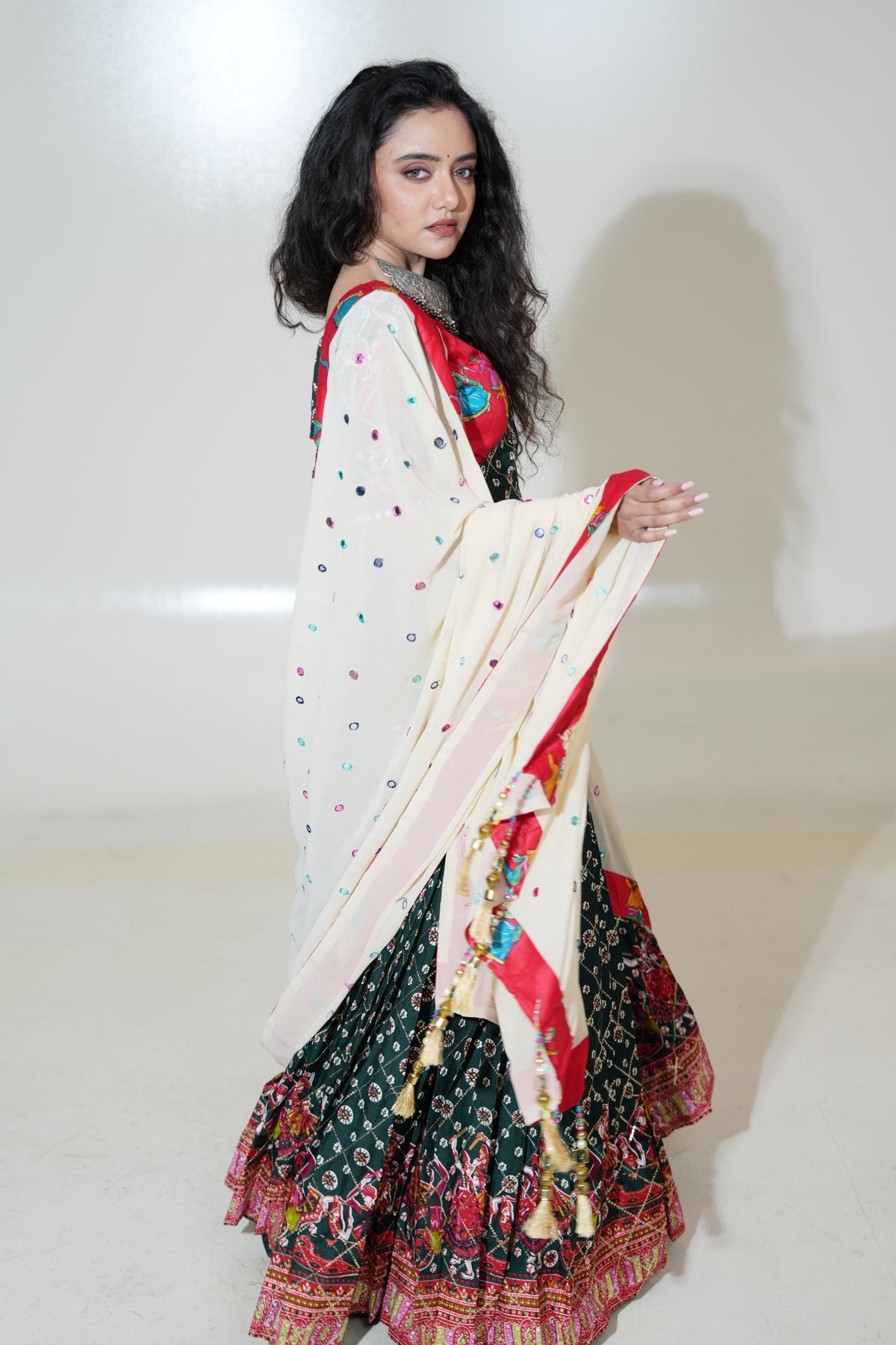 Forest Green Printed Lehenga with Red Blouse & Ivory Dupatta