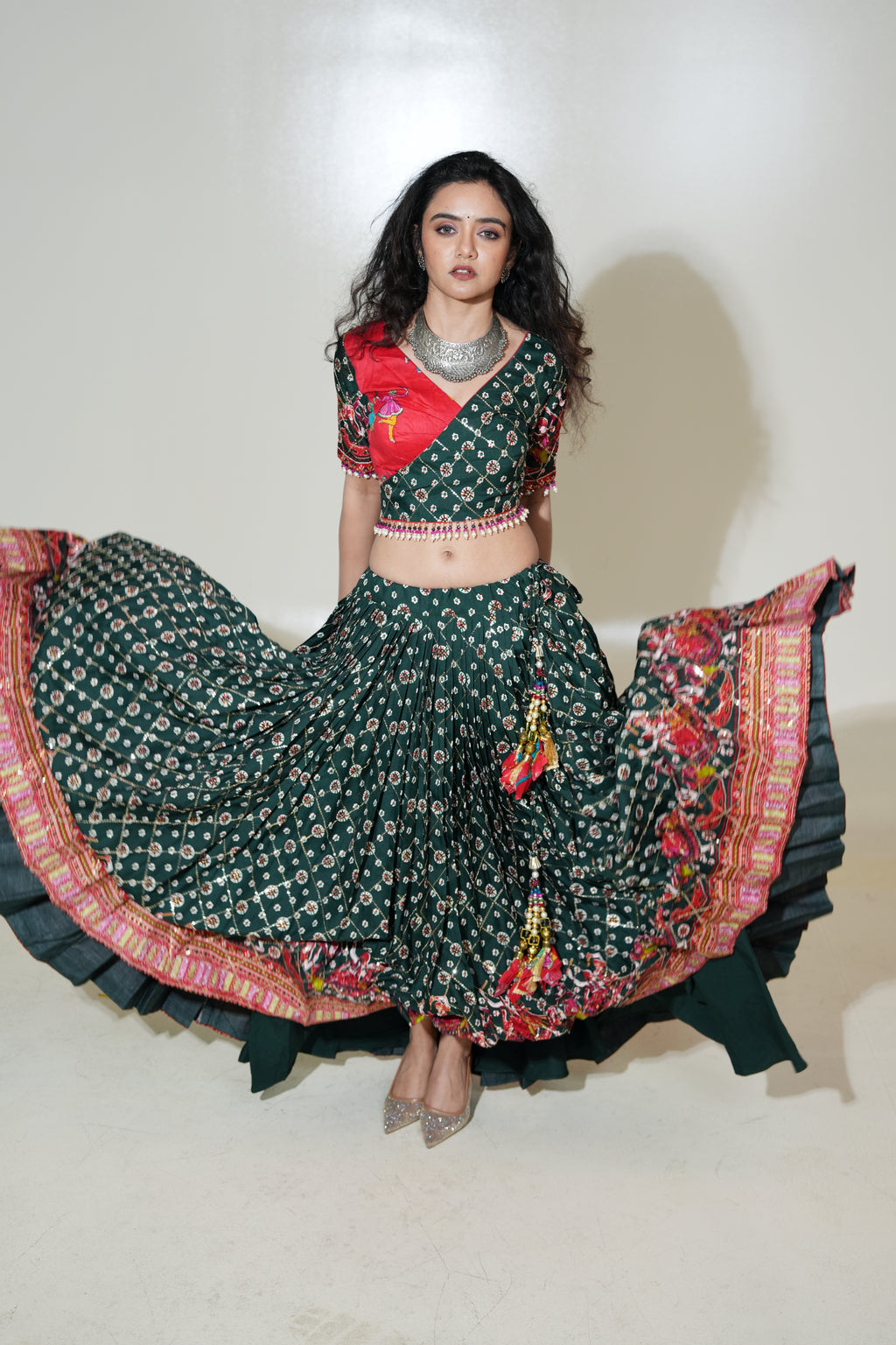 Forest Green Printed Lehenga with Red Blouse & Ivory Dupatta