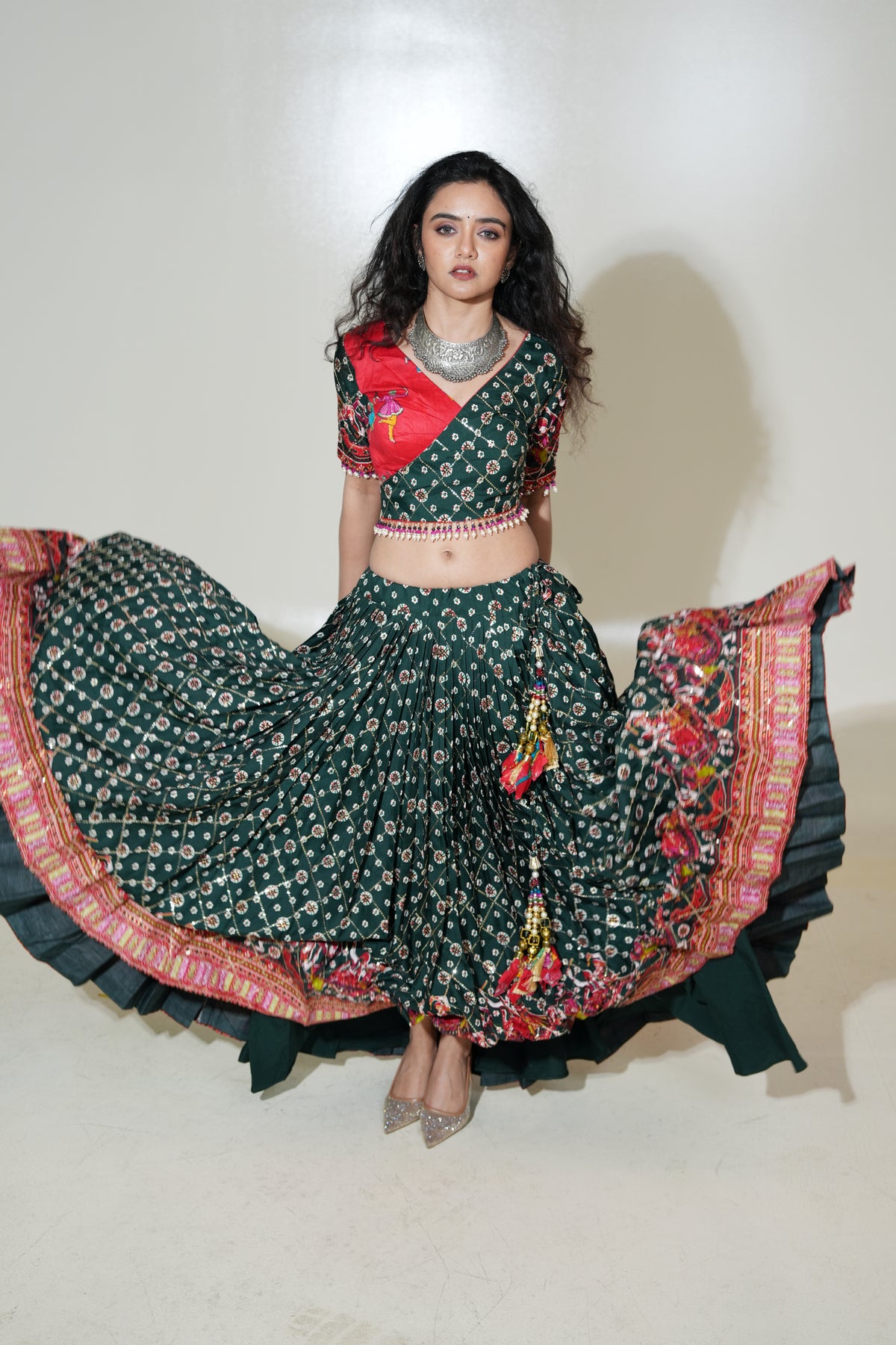 Forest Green Printed Lehenga with Red Blouse & Ivory Dupatta