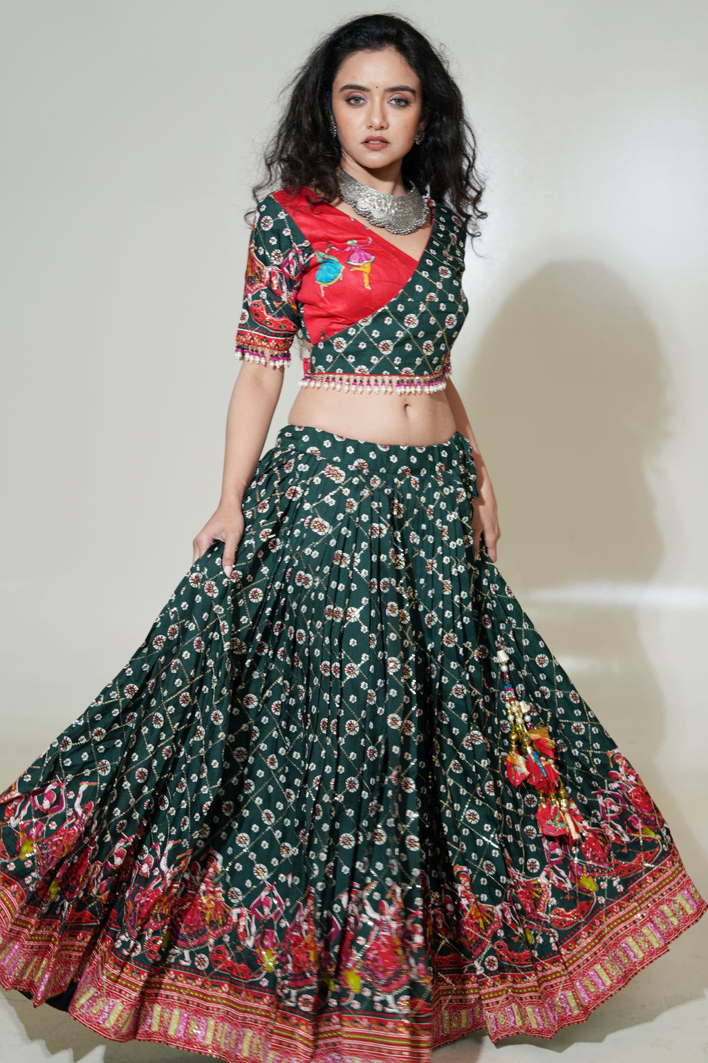 Forest Green Printed Lehenga with Red Blouse & Ivory Dupatta