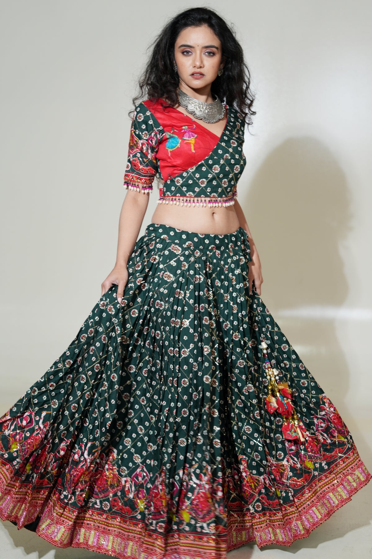 Forest Green Printed Lehenga with Red Blouse & Ivory Dupatta