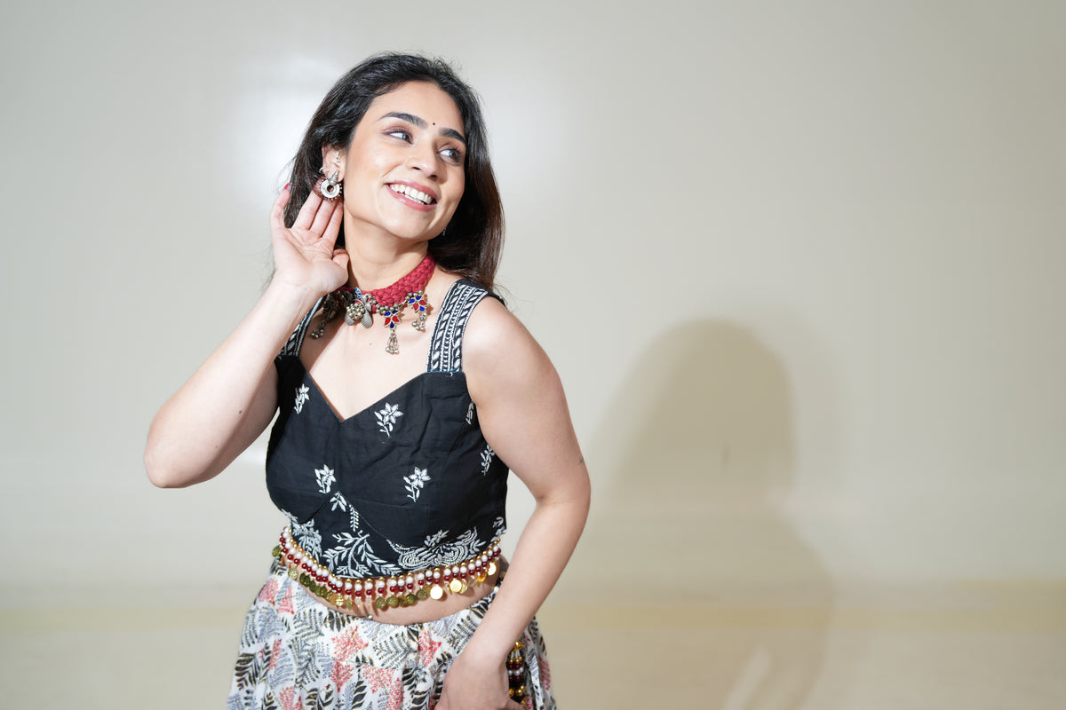 Black Floral Blouse Lehenga with Printed Skirt & Red Dupatta