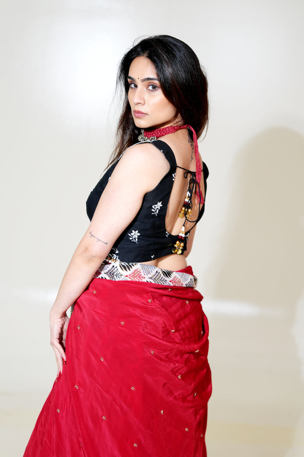 Black Floral Blouse Lehenga with Printed Skirt & Red Dupatta