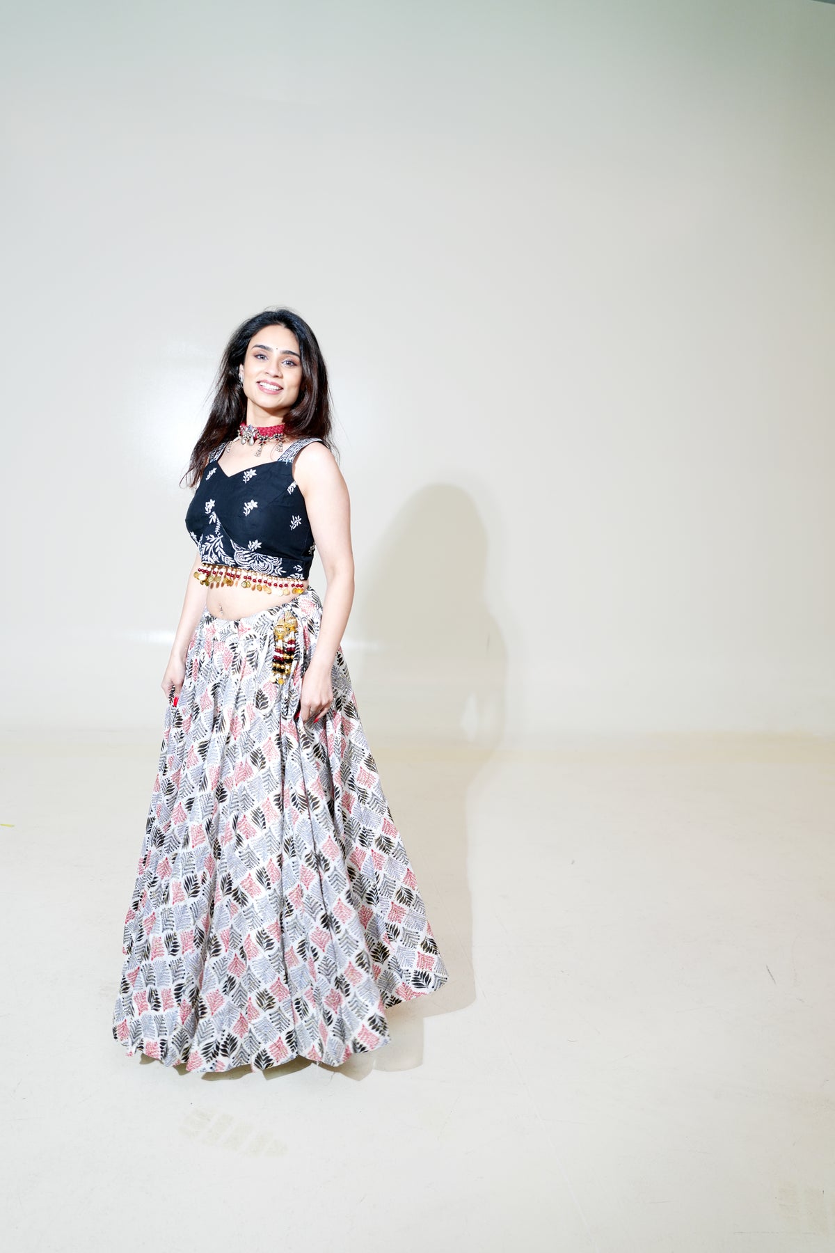 Black Floral Blouse Lehenga with Printed Skirt & Red Dupatta