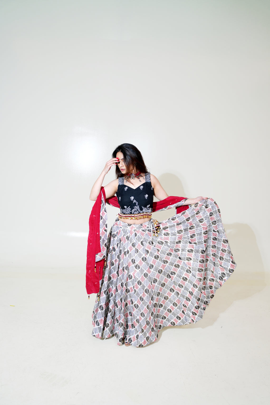 Black Floral Blouse Lehenga with Printed Skirt & Red Dupatta
