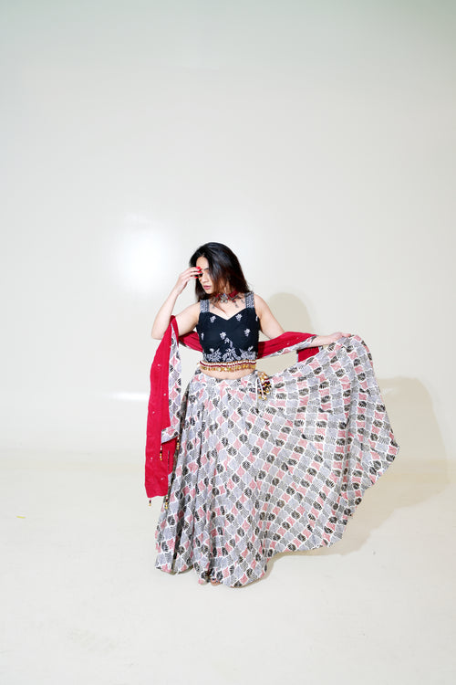 Black Floral Blouse Lehenga with Printed Skirt & Red Dupatta
