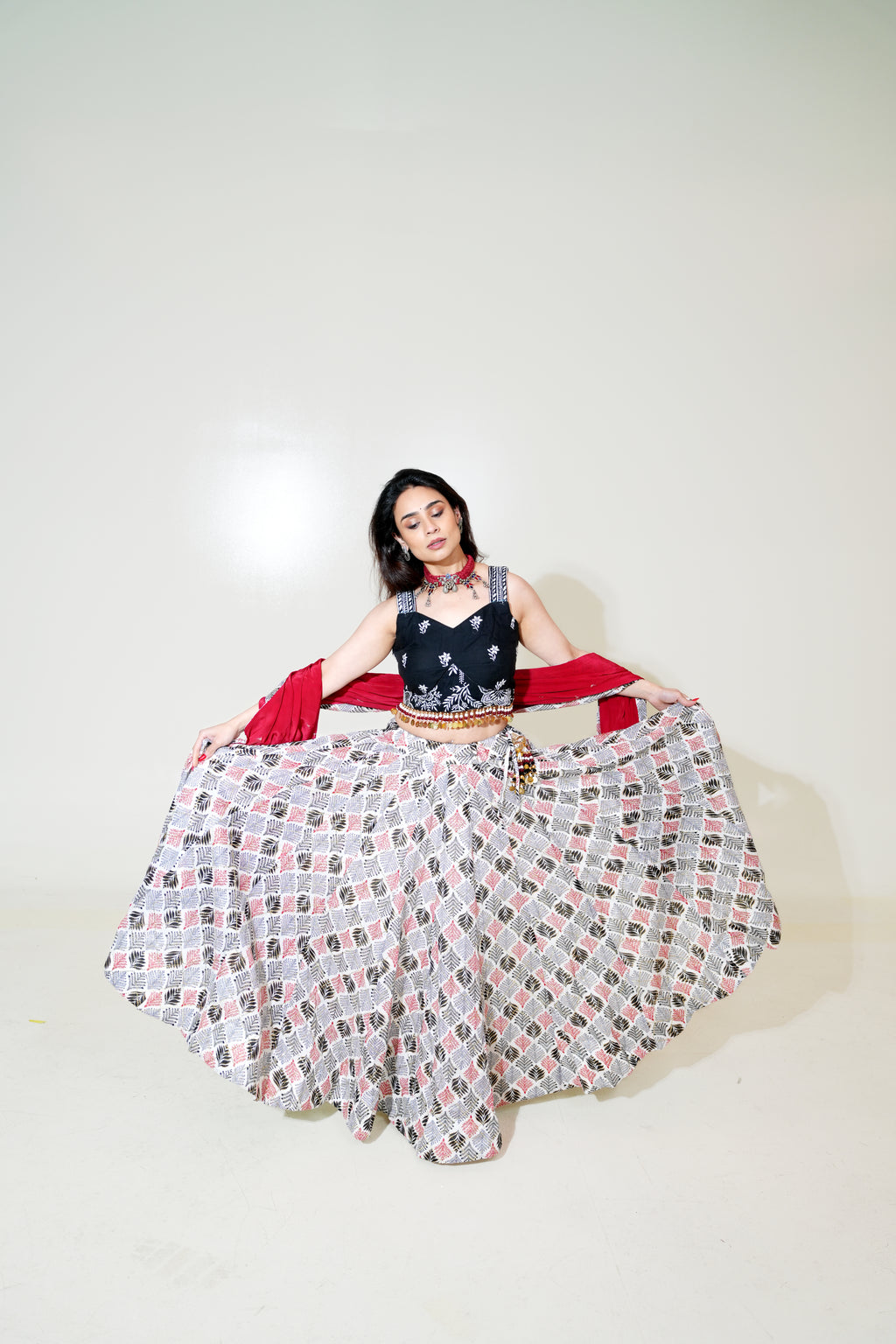 Black Floral Blouse Lehenga with Printed Skirt & Red Dupatta