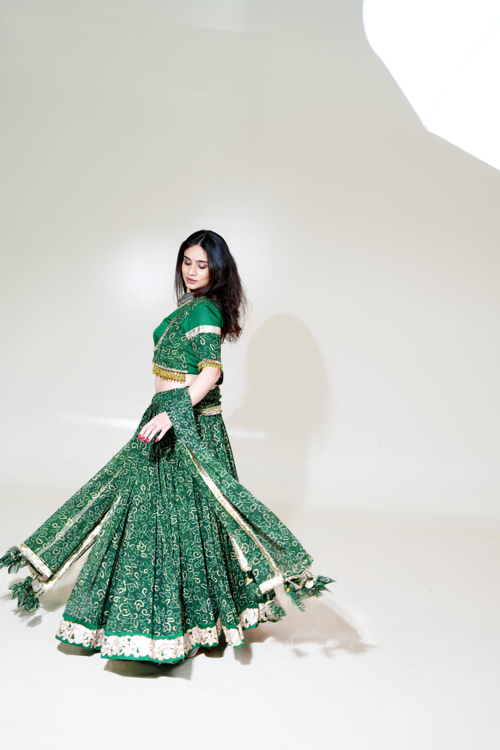 Emerald Green Patterned Lehenga with Gold-Toned Trim