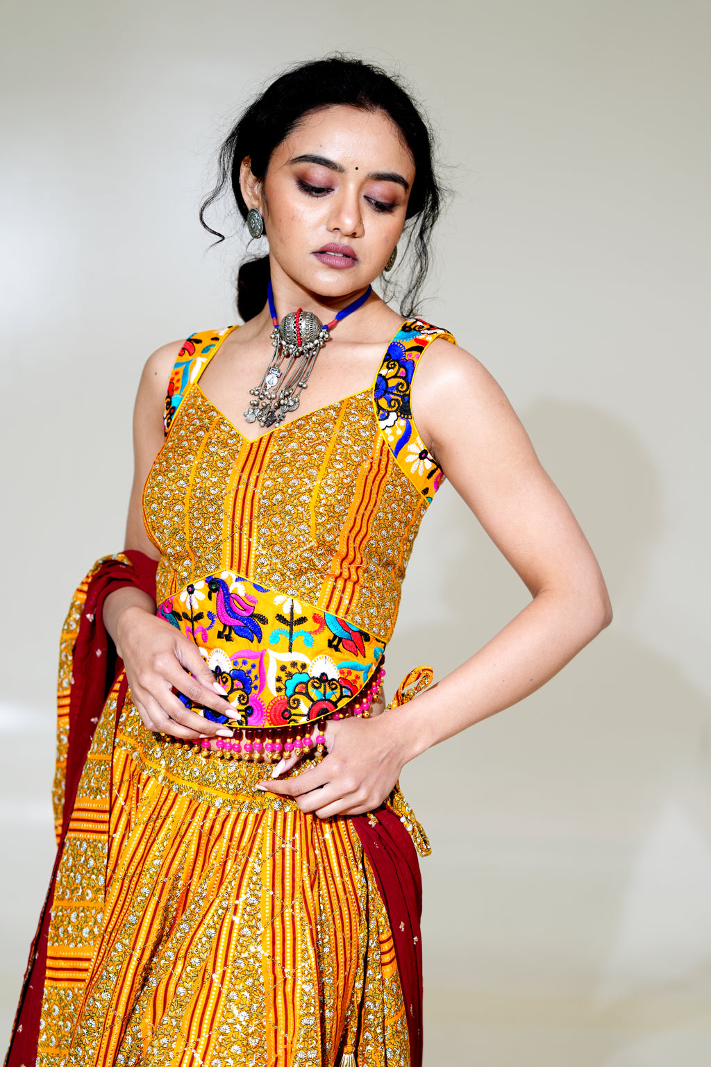 Mustard Gold Lehenga with Maroon Dupatta