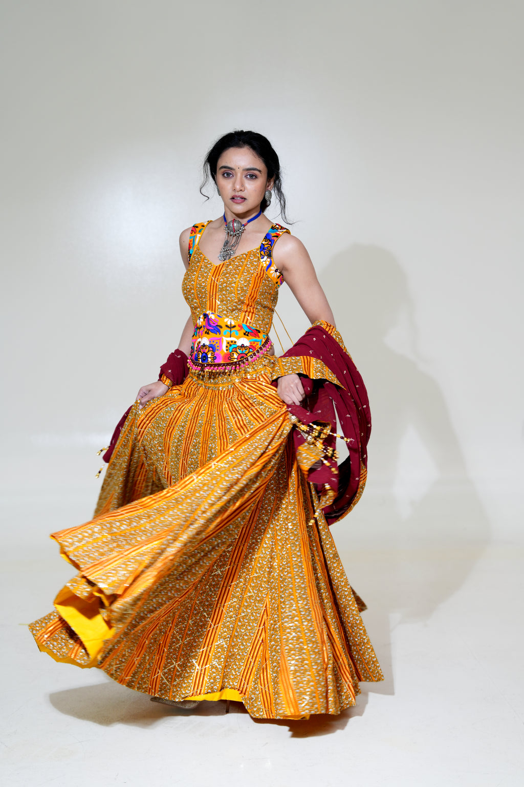 Mustard Gold Lehenga with Maroon Dupatta