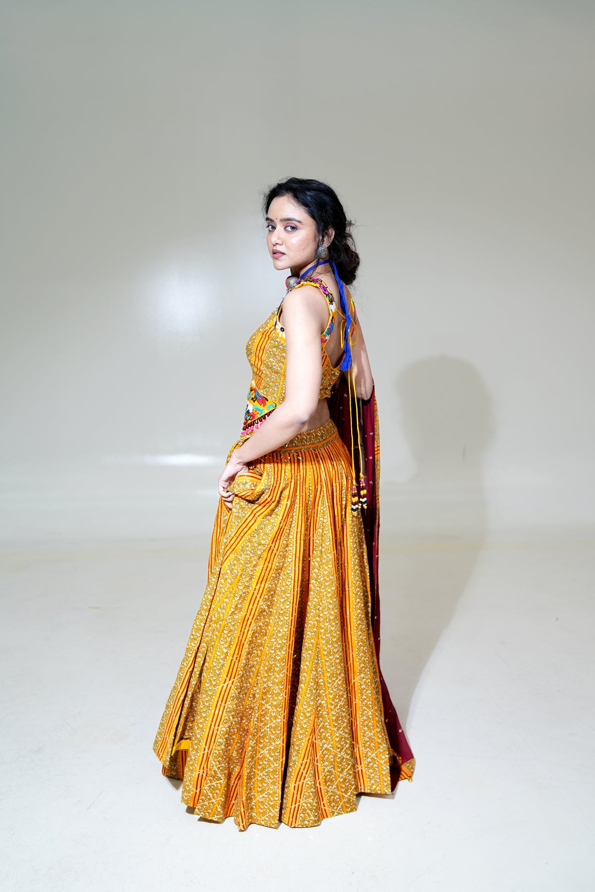 Mustard Gold Lehenga with Maroon Dupatta