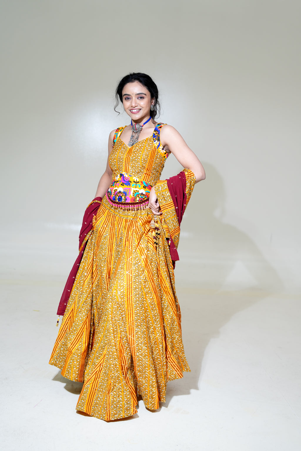 Mustard Gold Lehenga with Maroon Dupatta