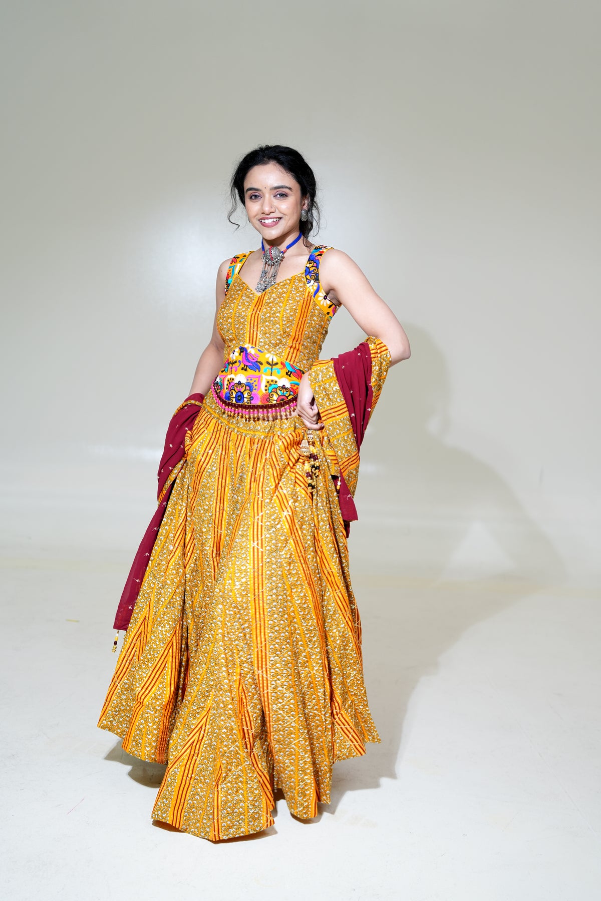 Mustard Gold Lehenga with Maroon Dupatta