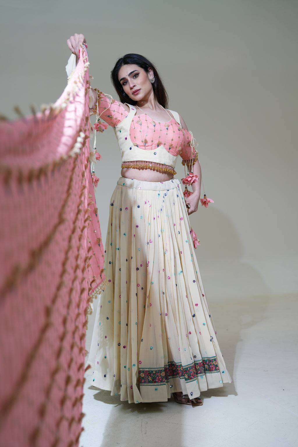 Ivory Lehenga with Pink Blouse & Dupatta