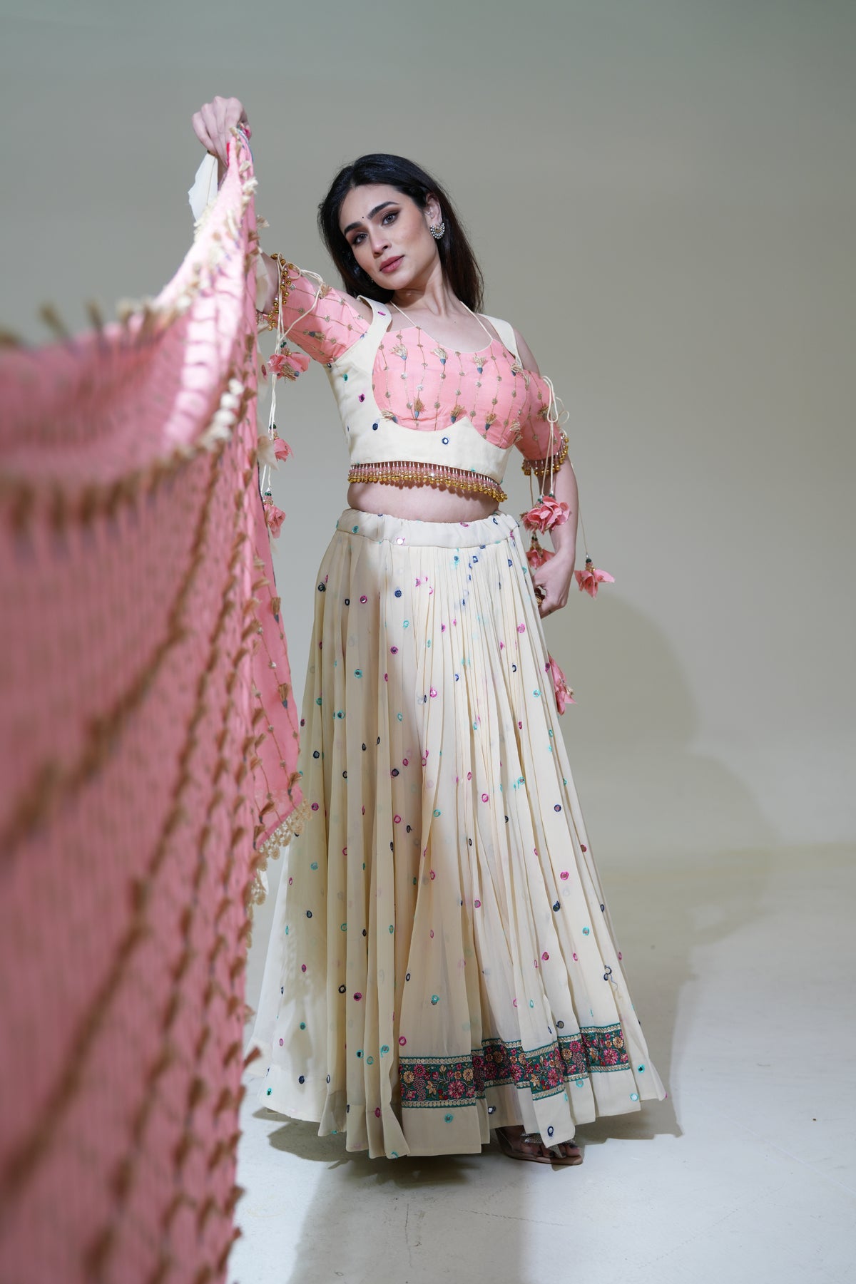 Ivory Lehenga with Pink Blouse & Dupatta