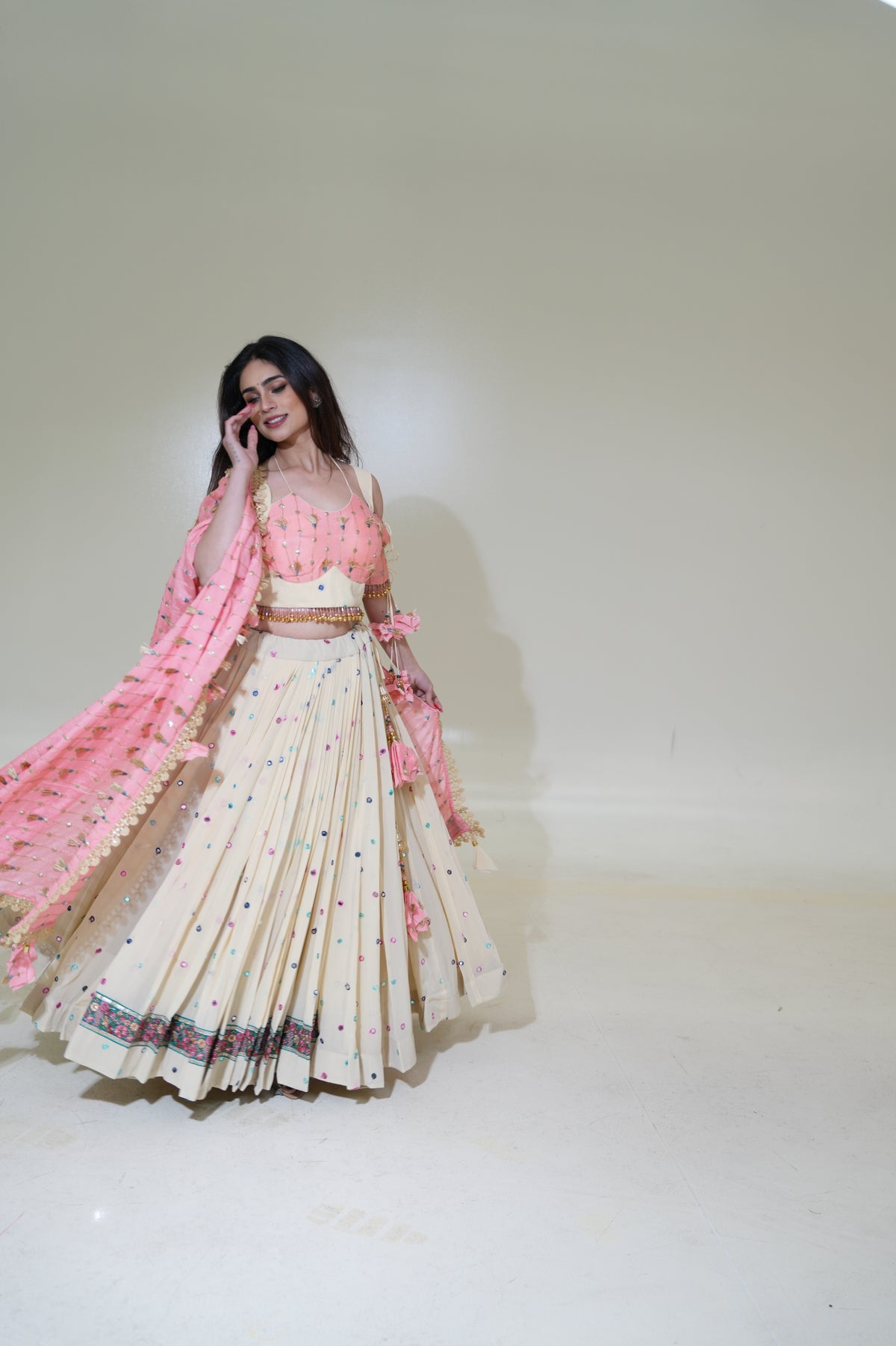 Ivory Lehenga with Pink Blouse & Dupatta