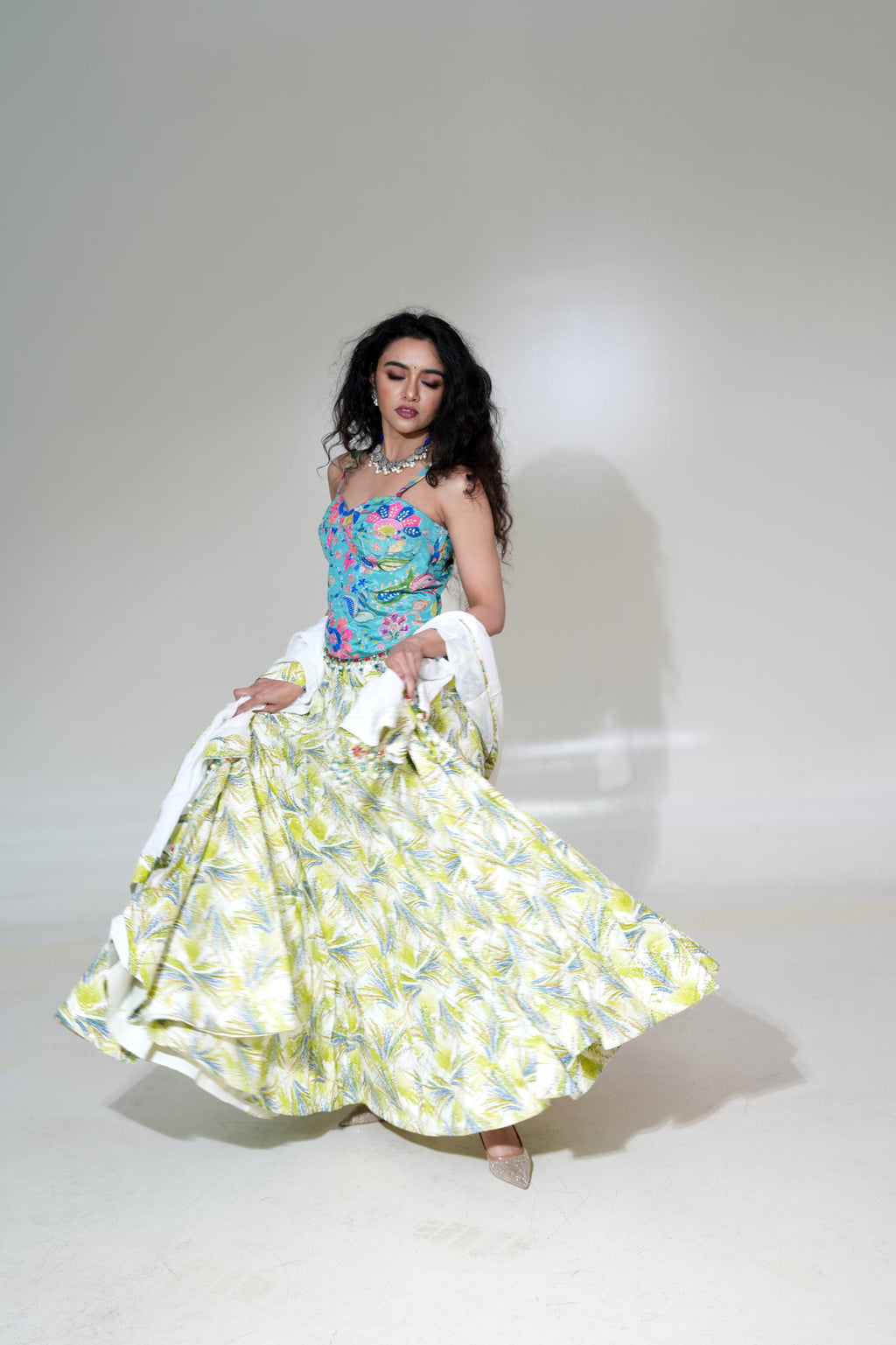 Turquoise Floral Lehenga with Yellow Printed Skirt