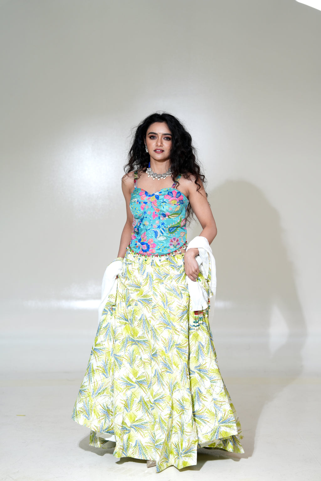 Turquoise Floral Lehenga with Yellow Printed Skirt