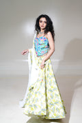 Turquoise Floral Lehenga with Yellow Printed Skirt