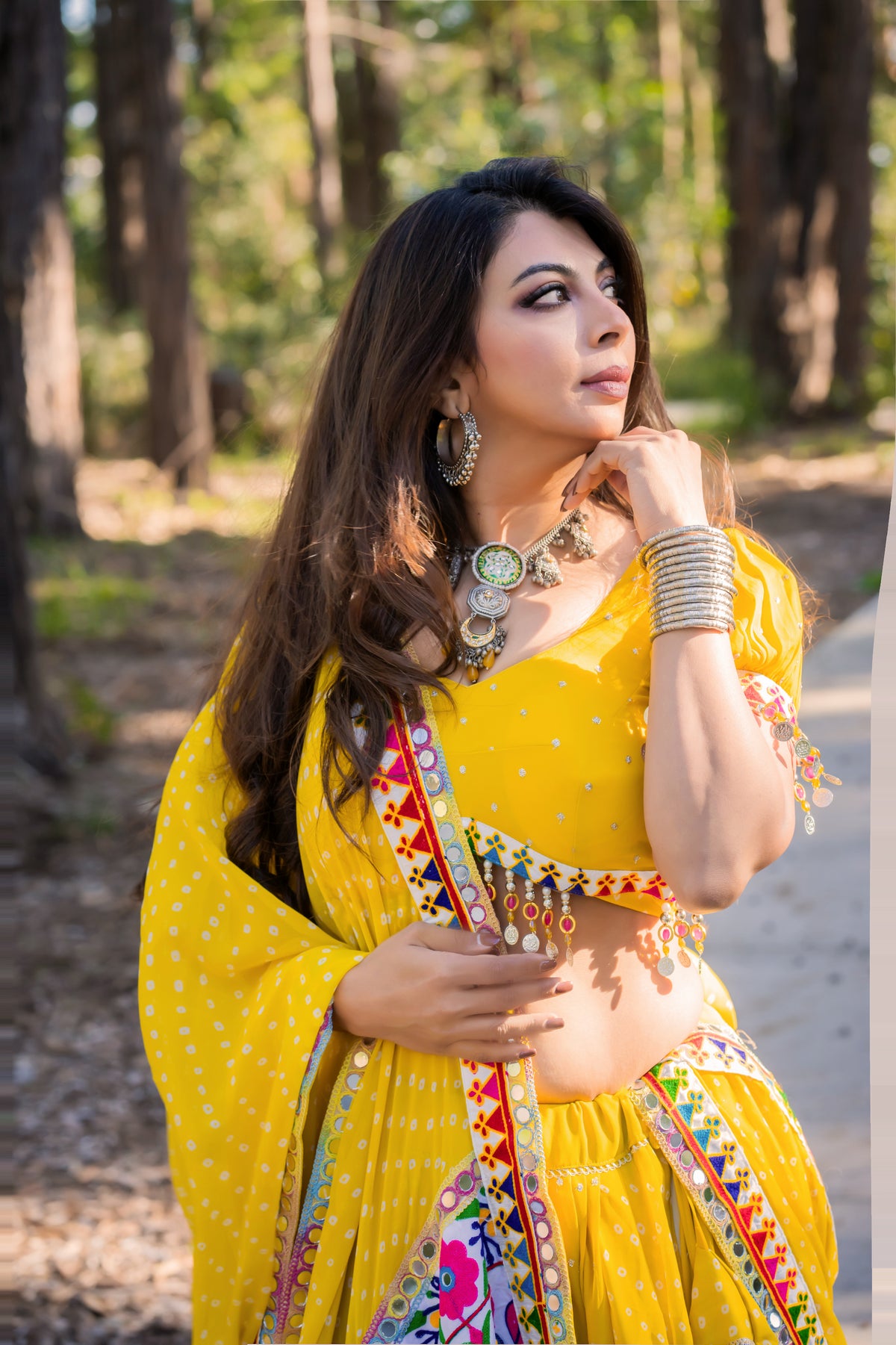 Sunshine Yellow Lehenga with Colourful Borders & Coin-Style Trim