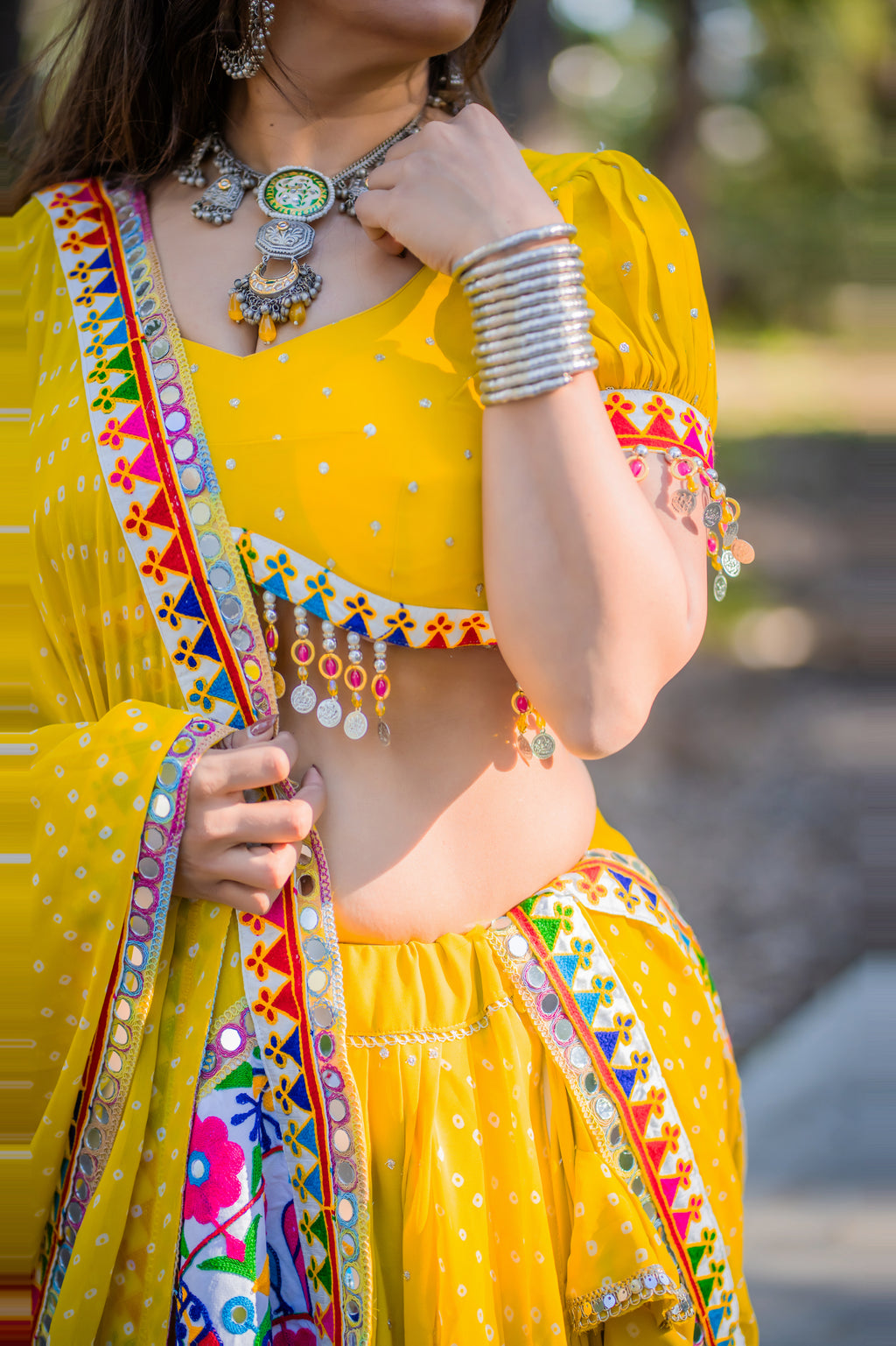 Sunshine Yellow Lehenga with Colourful Borders & Coin-Style Trim