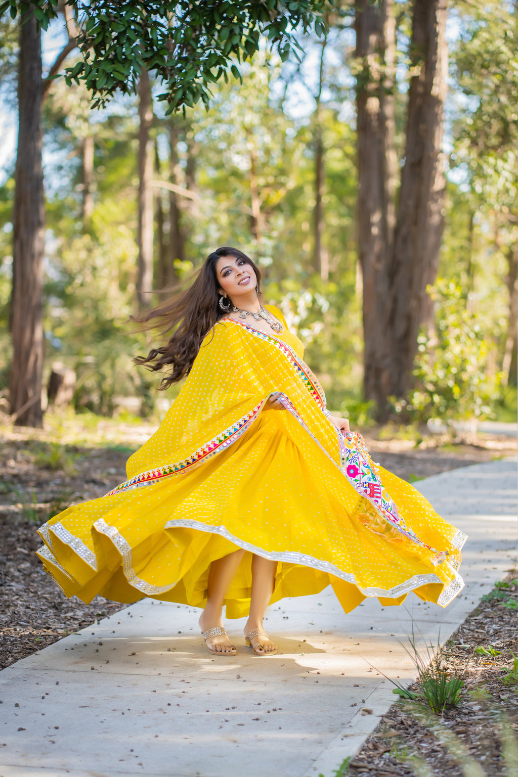 Sunshine Yellow Lehenga with Colourful Borders & Coin-Style Trim