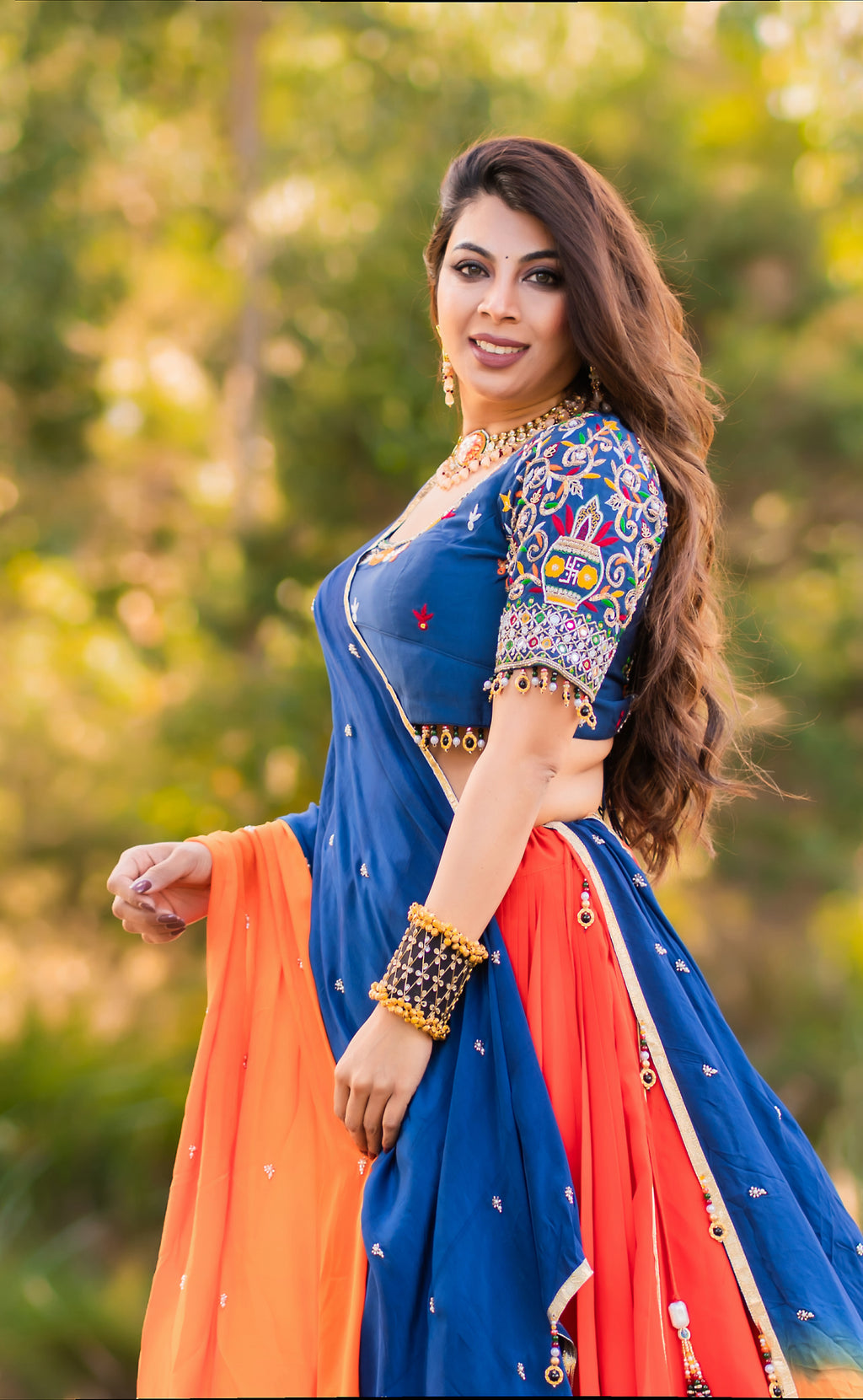 Coral Lehenga with Blue Blouse & Two-Tone Dupatta