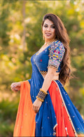 Coral Lehenga with Blue Blouse & Two-Tone Dupatta