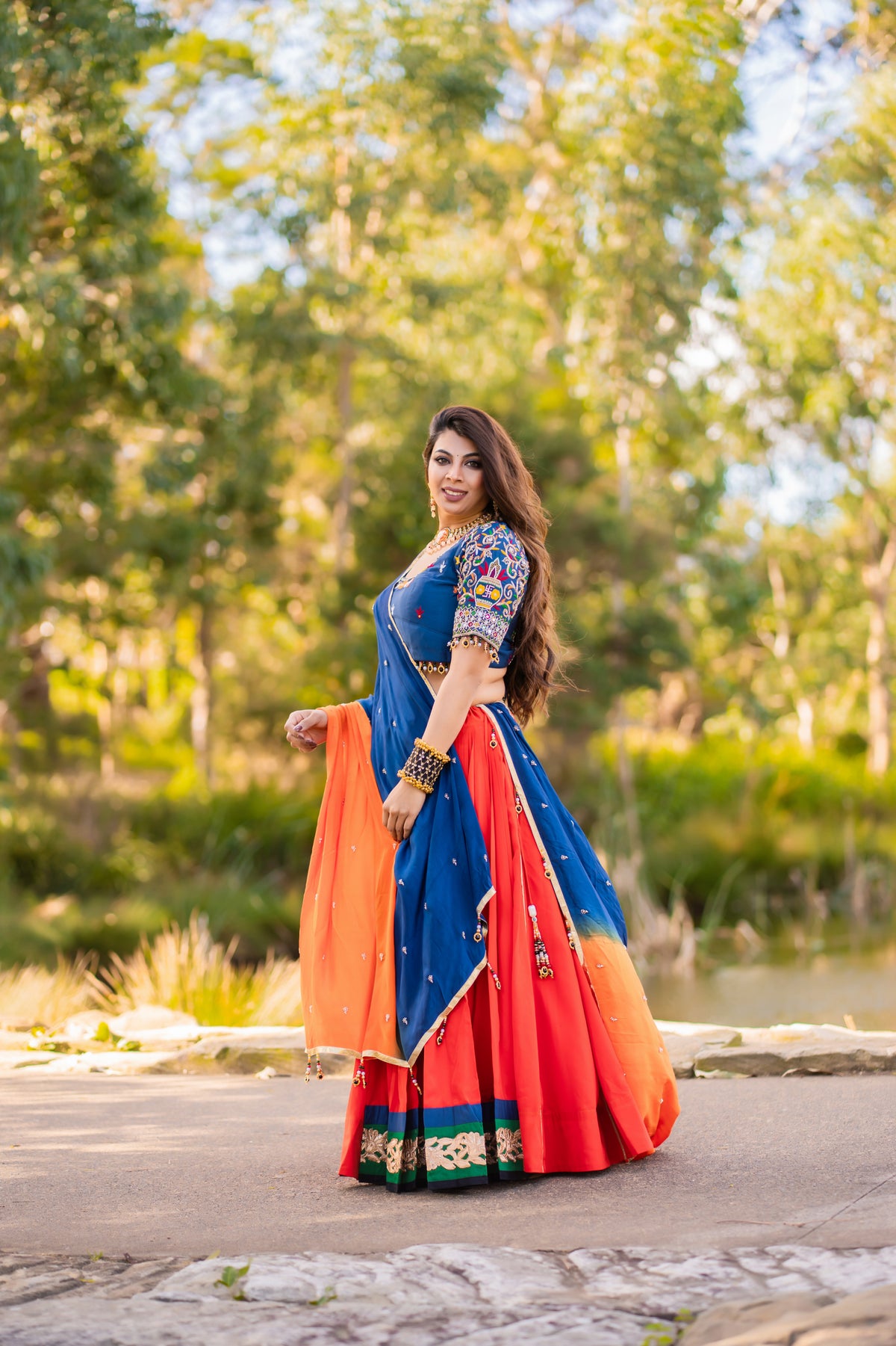 Coral Lehenga with Blue Blouse & Two-Tone Dupatta