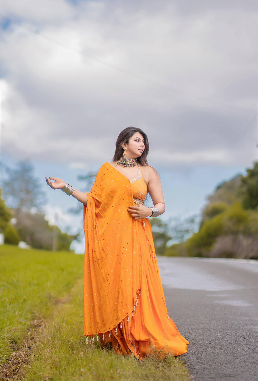 Tangerine Orange Lehenga with Shimmering Dupatta