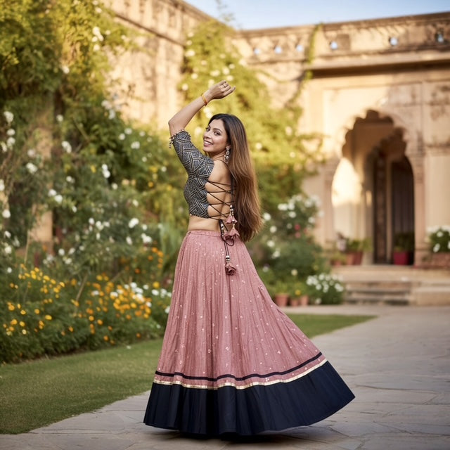 Heavy Sequence Blouse with Cotton Mixed Skirt & Dupatta